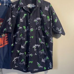 Touch Stone Black button short sleeve shirt Green White Patterns L